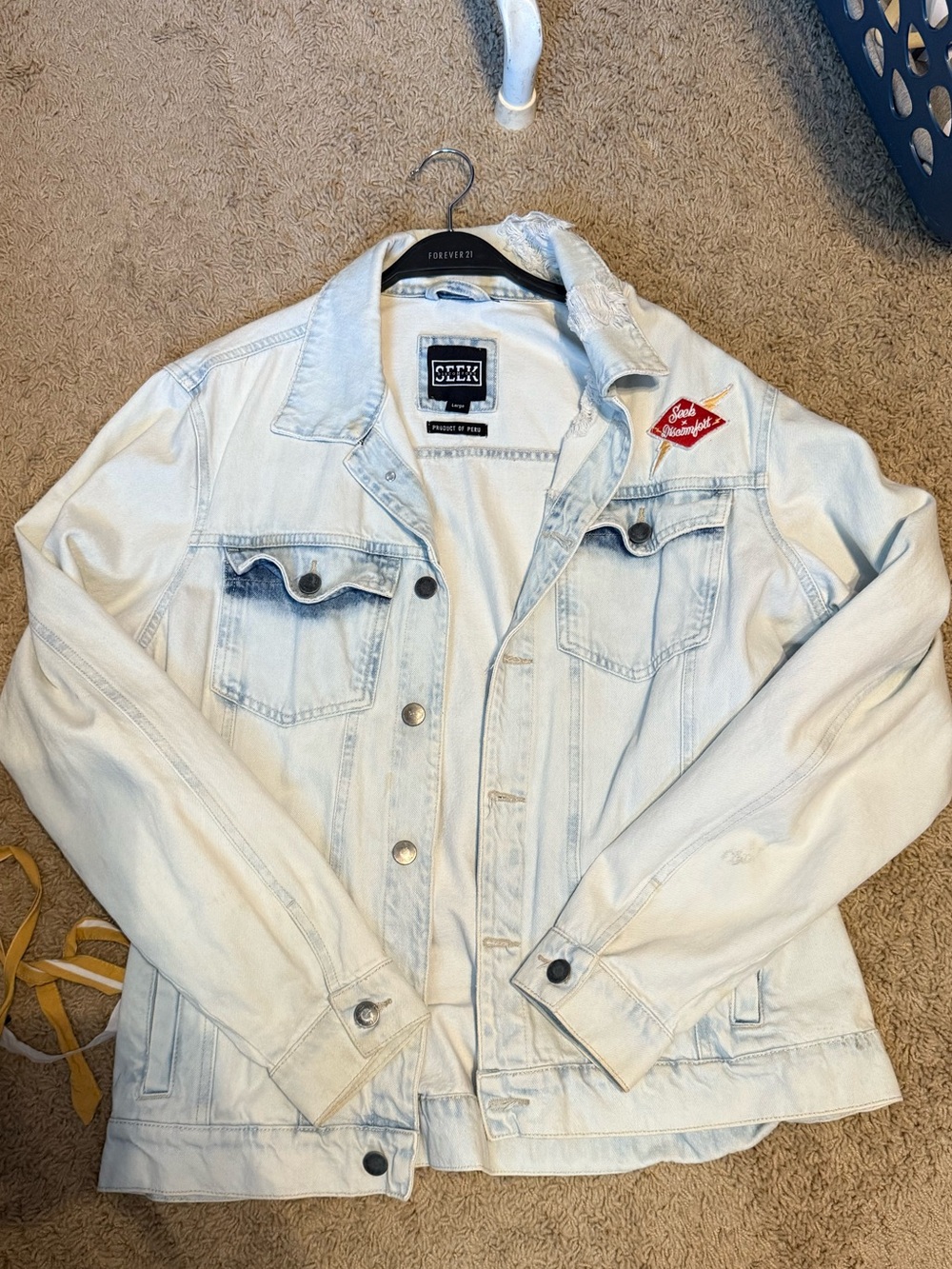 Light Wash Denim Jacket with Red Patch - Seek